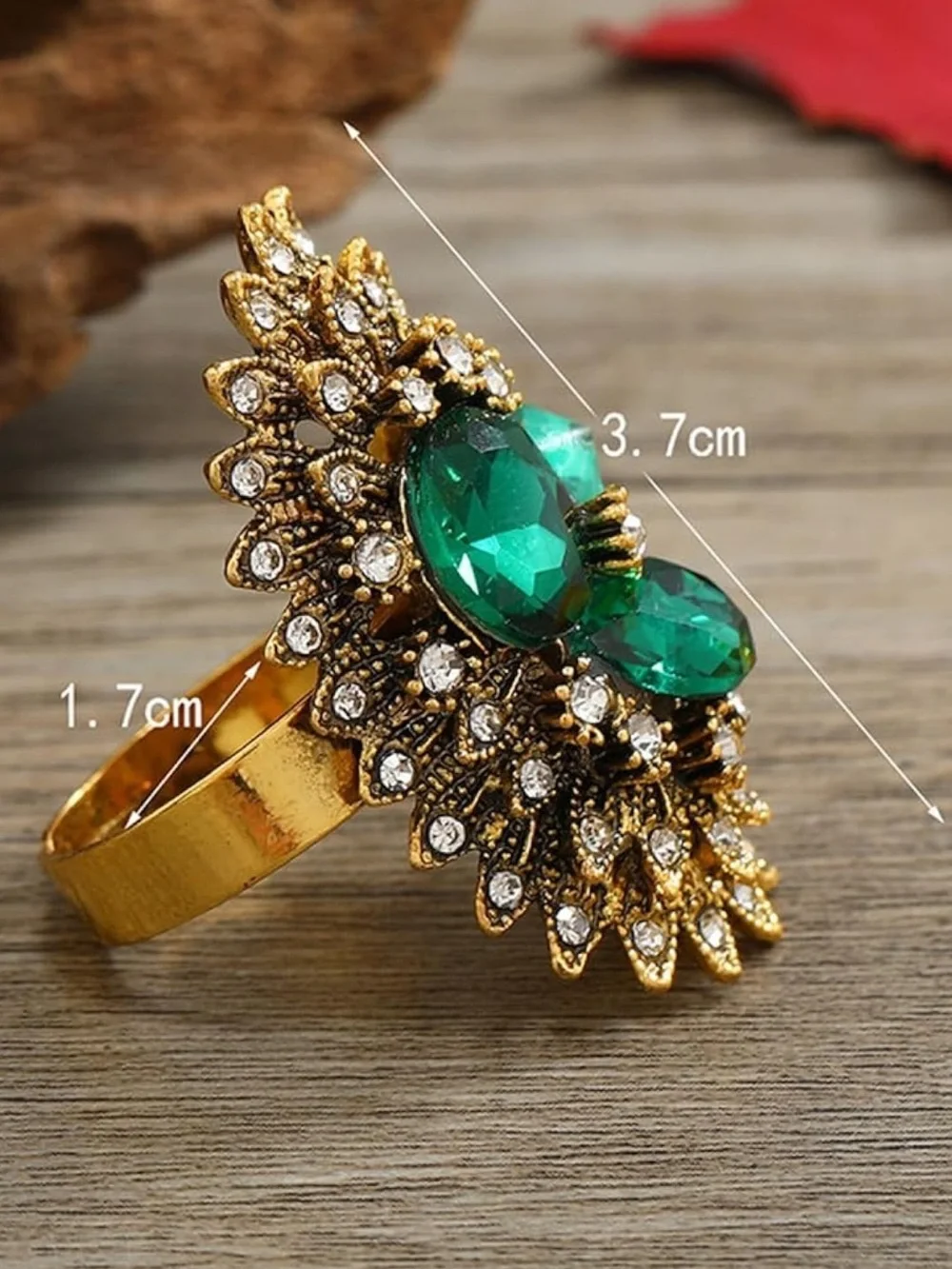 Anthropologie Gold-Tone Ring with Emerald Green Crystals